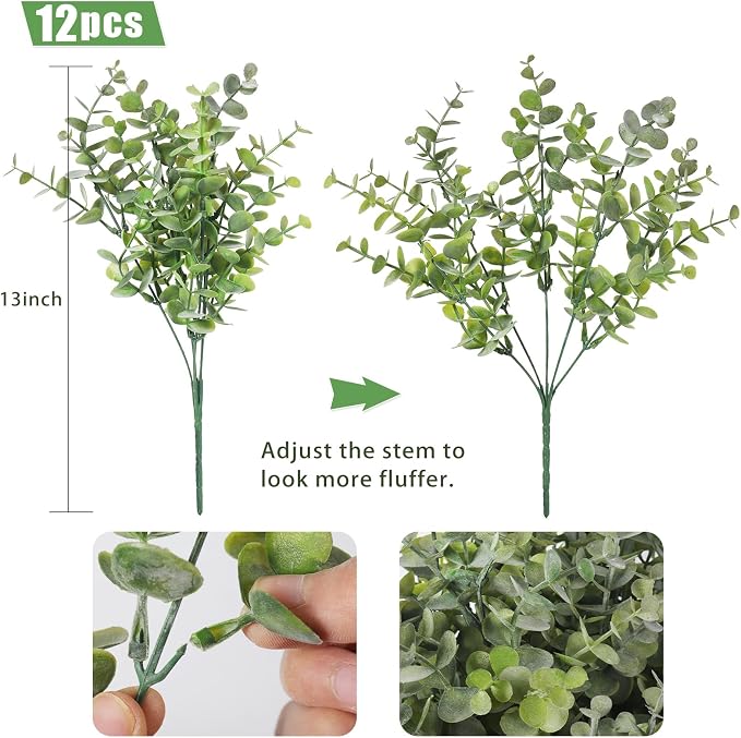 RECUTMS 12Bundle Artificial Eucalyptus Plant Greenery Stem 13In Dusty Green | Plastic Boxwood Shrubs Branch,No Maintenance,Long-last,Outdoor Planter Vase Centerpiece Farmhouse Garden Wedding Party Decor