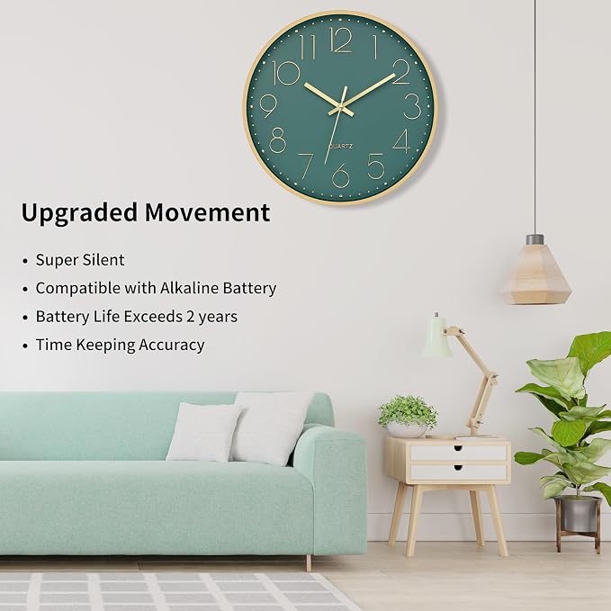 Foxtop 12" Modern Wall Clock Silent Battery Operated Metal Gold Clock | Dark Green Dial, Non-Ticking, Round, Analog Clock, Quartz, Easy to Read, Living Room, Bedroom, Kitchen, Office