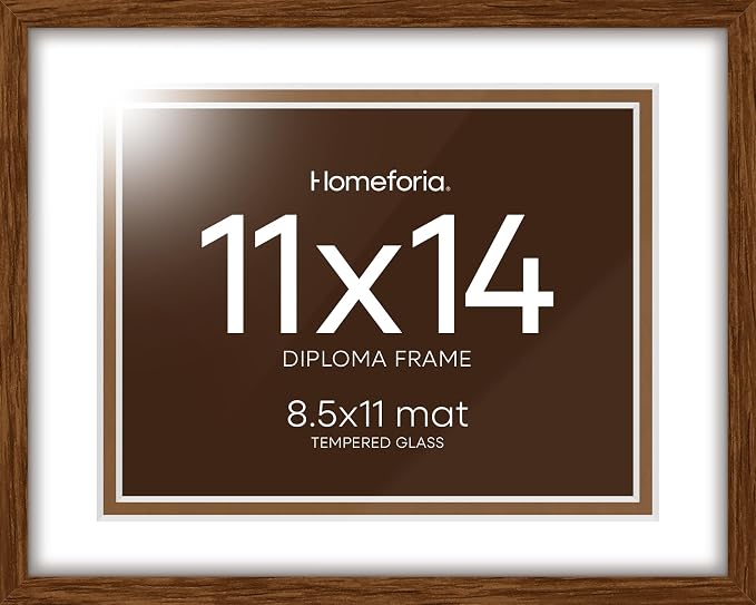 Homeforia 11x14 Brown Oak Diploma Frame, High-End Wood, 8.5x11 Mat, Glass
