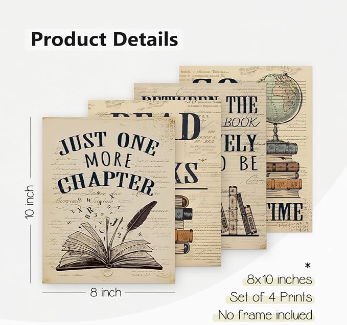 PLKMN Vintage Reading Posters for Library,Bookish Gifts | Book Club Decorations,Vintage Book Wall Art 8x10,Wall Decor for Reading Nook High School Classroom,Set of 4 Unframed