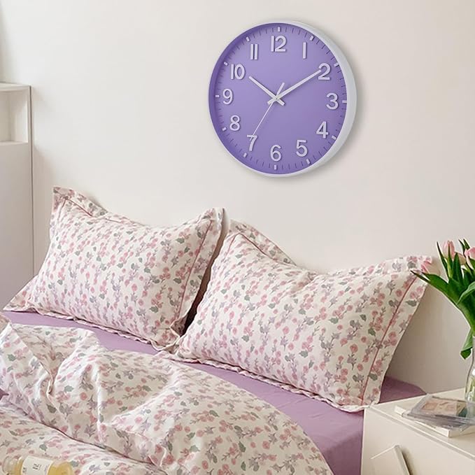 HZDHCLH 12 Inch Silent Wall Clock Battery Operated Non Ticking Purple | 12 inch Silent Non Ticking Modern Wall Clock for Living Room Bedroom Kitchen Office Classroom Decor