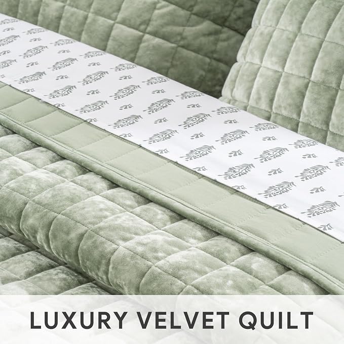 RECYCO Channel Box Stitch Velvet Quilt Set, Full Queen Size, Sage Green | Ultra Soft Lightweight Velvet Comforter, Luxury Oversized Bedspread Coverlet, Quilted Bedding Set for All Season with 2 Shams