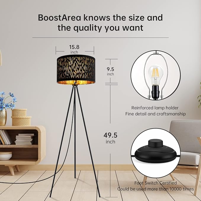 BoostArea Floor Lamp, Tripod Floor Lamp, 8W LED Bulb, Decorative Lamp Shade, Mid Century Standing Lamp for Living Room, Bedroom, Study Room and Office