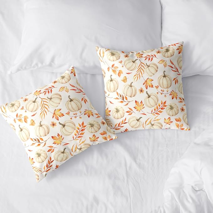 Fall Pillow Covers Autumn White Pumpkin Throw Pillow Covers Thanksgiving Harvest Pillow Cases 24x24 Maple Leaves Cushion Cases for Home Farmhouse Living Room Sofa Couch 2 Pack