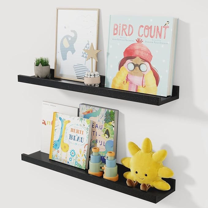 Acovy Solid Ash Wood Picture Ledge Shelf, 24 Inch, Black, Set of 2