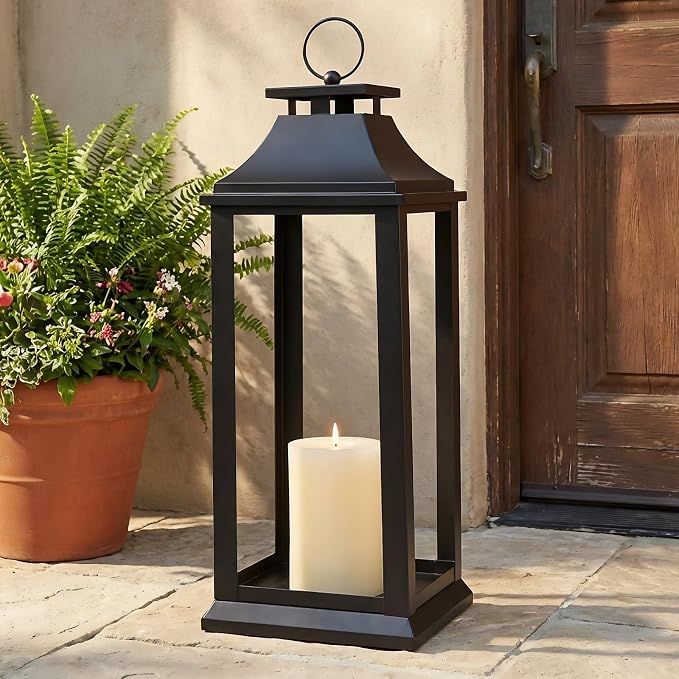 Modern Farmhouse Black Lantern Candle Holder – 22” Hanging Decorative Lantern for Indoor & Outdoor Home Décor – Ideal for Parties, Weddings, Porches, and Events (No Glass Panel), Size Large