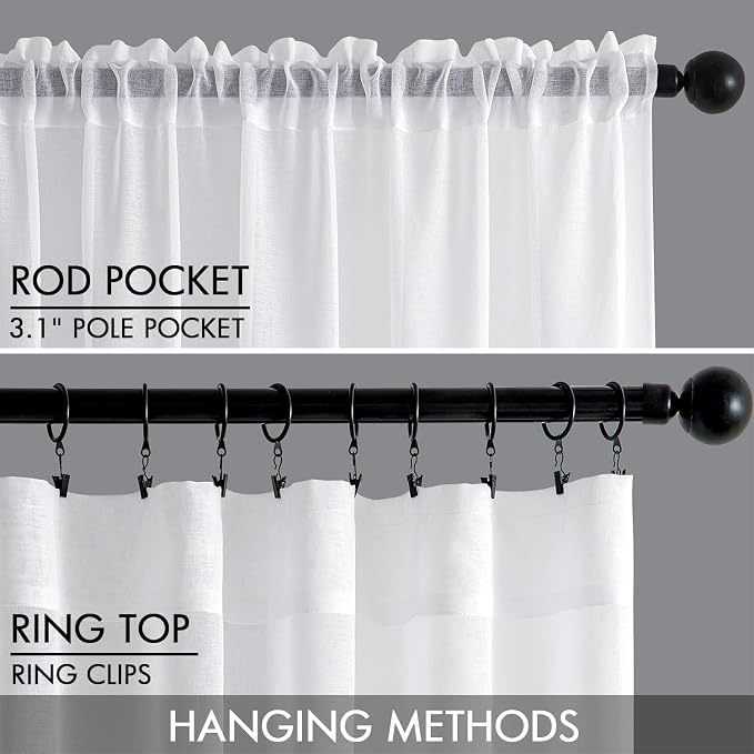 MIULEE Semi White Linen Textured Sheer Curtains 54W×96L Rod Pocket 2 Panels | Semi Transparent, Farmhouse, Window Net Panels with Rod Pocket for Bedroom Living Room