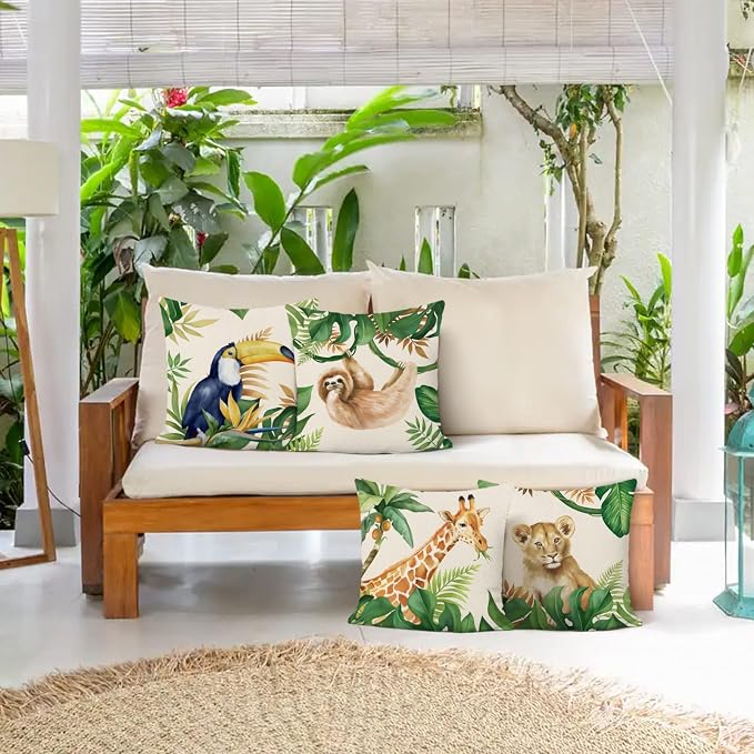 Bonhause Jungle Animals Throw Pillow Covers 18 x 18 Inch Lion Giraffe Sloth Toucan Tropical Outdoor Decorative Pillows Polyester Linen Cushion Cases for Couch Sofa Bed Home Decor Set of 4