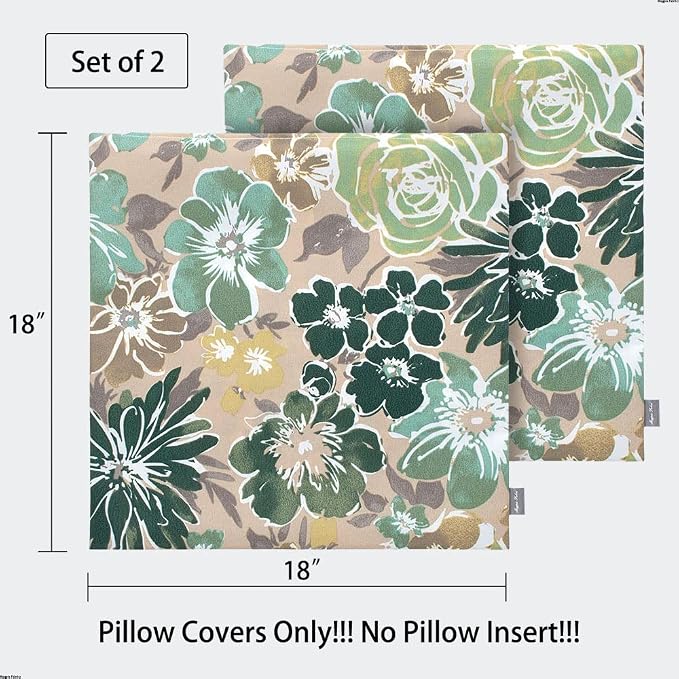 Magpie Fabrics Patio Pillow Covers ONLY 18"x18", Set of 2, Fade-Resistant Outdoor Indoor Cushion Cases Decorative Throw Pillowcase Shell for Couch Garden Furniture - Green Floral