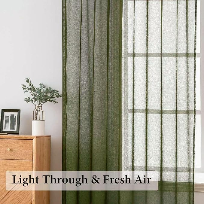MIULEE Olive Green Linen Textured Semi-Sheer Curtains 42W×45L Kitchen | Semi Transparent, Farmhouse, Window Net Panels with Rod Pocket for Bedroom Living Room