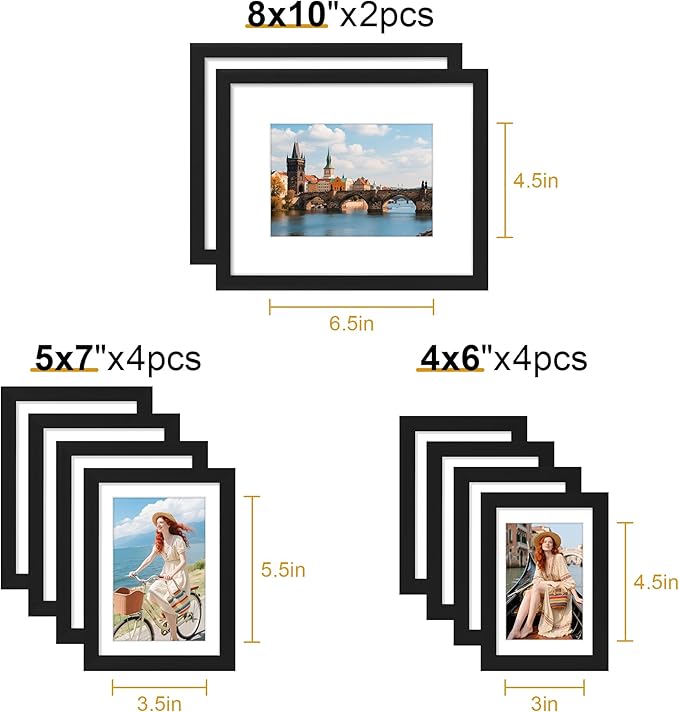 decorUhome 10 Pack Assorted Picture Frame Set for Wall & Tabletop, P0710BK | Black, Multi Size Picture Frame Includes Two 8x10 / Four 5x7 / Four 4x6 for Family Gallery Wall