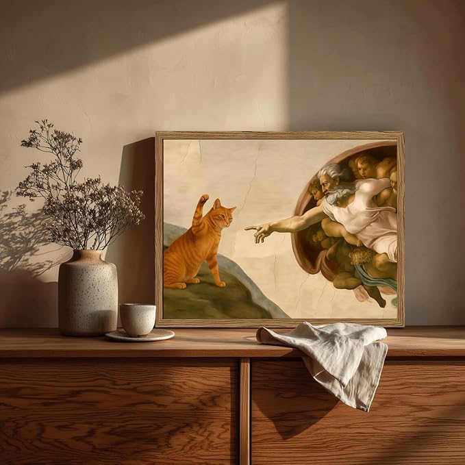 Funny Orange Cat Wall Art Creation of Adam and Cat Wall Decor Painting Renaissance Michelangelo and Animal Poster Canvas Print for Bedroom Living Room 16x24 inch Wood Framed