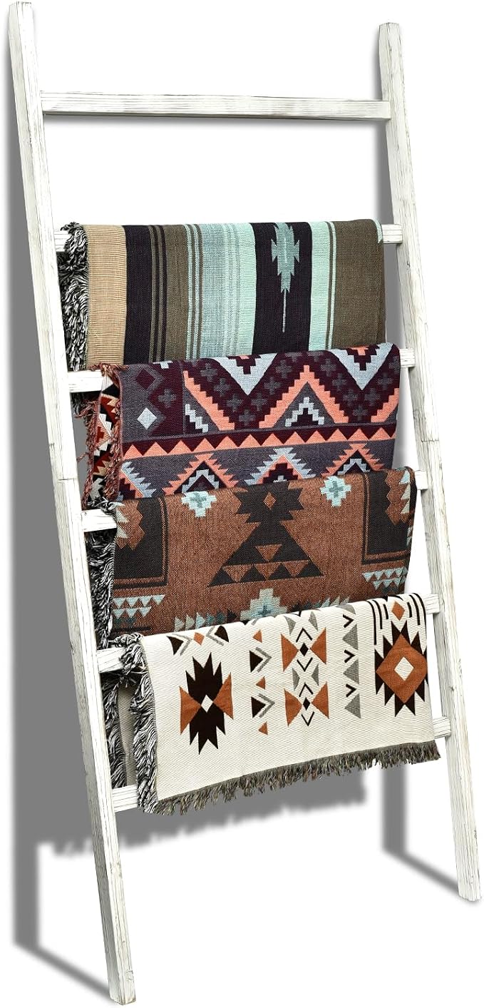 FUIN Blanket Ladder, 38in Extra Wide Solid Wood Rustic Decor Rack, White | 6.4 ft high and 38 in wide, farmhouse quilt display ladders, organize blankets, leaning wall, bathroom and living room use