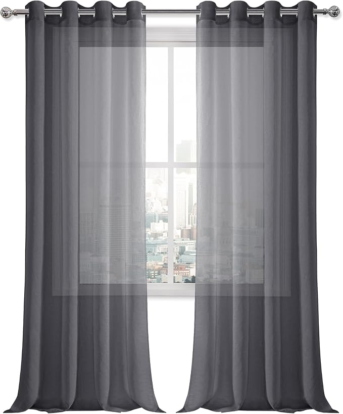 DWCN Dark Grey Sheer Curtains for Living Room Bedroom - Faux Linen Look Voile Drapes Grommet Top Window Curtain Panel 52 x 90 Inches Long, Set of 2 Panels