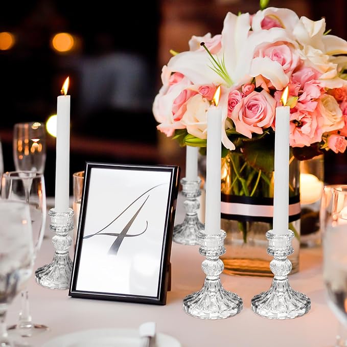 24 Pcs Glass Candle Holder Set 12 Candlestick White Candles,Clear | Clear Glass Holders with Taper Candles for Wedding Party Dinner Table Centerpiece, Elegant Classic Design Event Decor