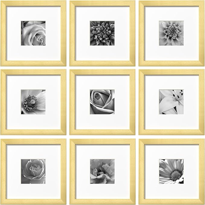 eletecpro Picture Frames Set of 9, 8x8 in, Acrylic Cover, Gold | Display Photo 4x4 with Mat or 8x8 without, Square Gallery Collage, Wall Mount, Minimalist Home Decor, Engineered Wood