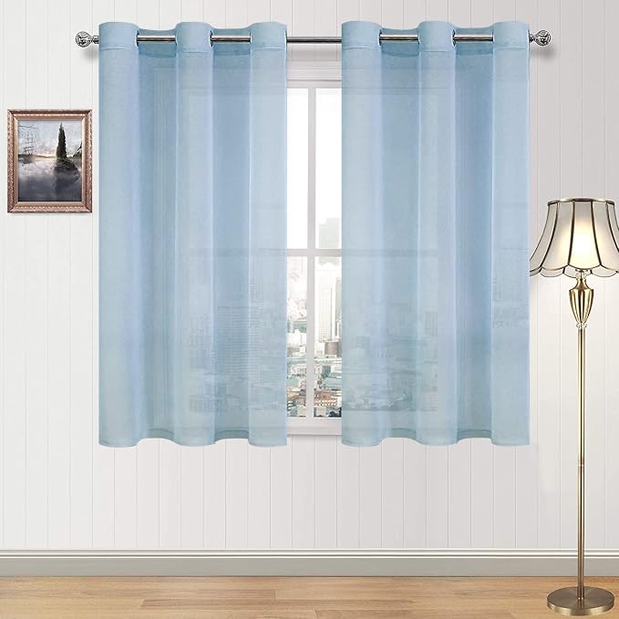 DWCN Semi Sheer Curtains, Grommet Top Window Short Sheer Curtains Drapes for Bedroom Living Room, Faux Linen Look Voile Transparent Solid Sheer Curtains Set of 2 Panels 46 x 54 Inches Long, Sky Blue
