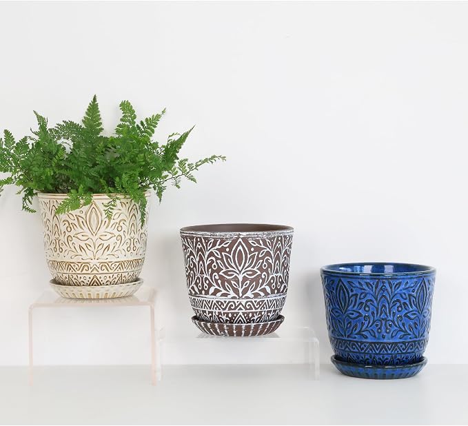 Gepege Ceramic Plant Pots, 6 Inch Indoor Planters with Drainage & Saucers | Ceramic pots for plants with drainage holes, ceramic saucers and mesh pads, ideal for flowers, herbs and succulents, set of 2