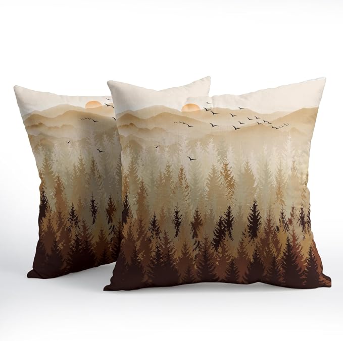 Fall Misty Forest Throw Pillow Covers 16x16 Inch Set of 2 Brown Mountain Woodland Decorative Pillow Cases Nature Pine Trees Farmhouse Cotton Linen Square Cushion Cover for Home Sofa Couch Bed Patio