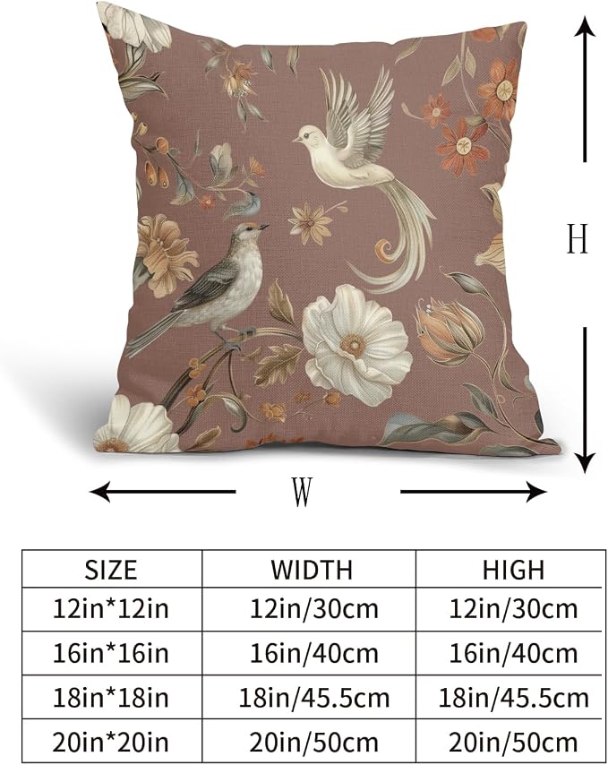 Kawani Vintage Floral Pillow Covers 18x18 Inch Set of 2 Brown Chinoiserie Flower and Bird Outdoor Decorative Throw Pillows Retro Rustic Pillowcases Farmhouse Cushion Covers for Couch Home Decor
