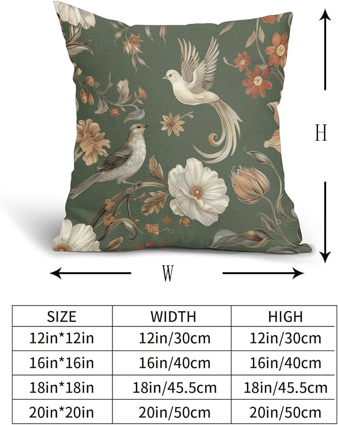 Kawani Vintage Floral Pillow Covers 18x18 Inch Set of 2 Green Chinoiserie Flower and Bird Outdoor Decorative Throw Pillows Retro Rustic Pillowcases Farmhouse Cushion Covers for Couch Home Decor