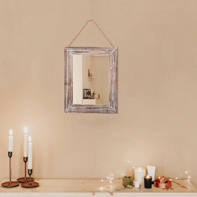 Farmhouse Wall Mirror Washed Brown Rectangle Rustic Wood Mirror 16 X 12 Inch Decorative Wood Frame with Mirror and Hanging Hemp Rope, Hanging Mirror for Bathroom Bedroom, Entryway, Dresser Wall Mirror