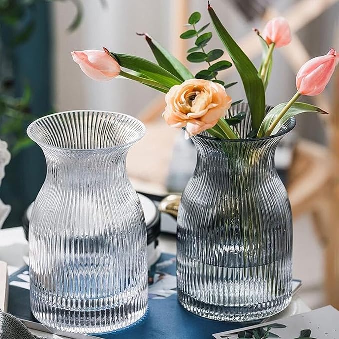 New 2026 Design Ribbed Glass Vase Wide - 8 Inch Tall Ribbed Vase for Wedding Reception, Home Decor, Housewarming Gift - Decorative Flower Vases - Bud Vase for Centerpieces & Cylinder Vases