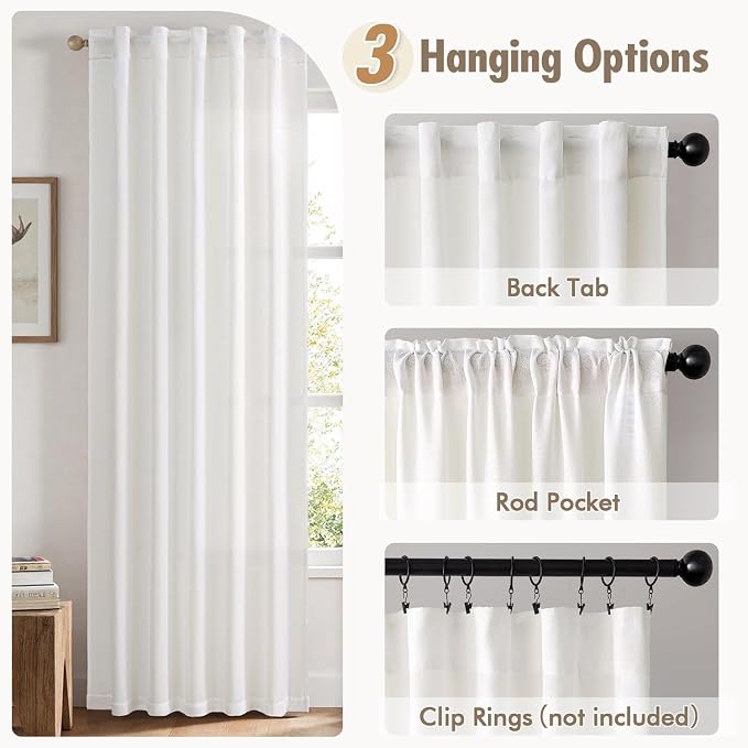 MIULEE Faux Linen Curtains 72 Inch Length 2 Panels Heathered White Semi Sheer Curtain with Back Tab Rod Pocket, Light Filtering Window Privacy Burlap Drapes for Living Room Bedroom 42W x 72L