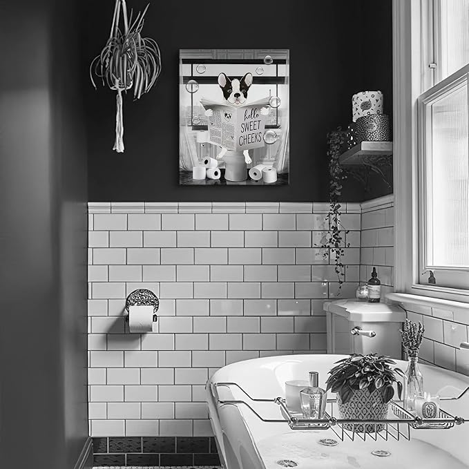 Parylore Funny Bulldog Wall Art Black and White Dog Bathroom Print Farmhouse Bathroom Animals Wall Decor Dog Sitting in Toilet Reading Newspaper Painting Framed Artwork for Toilet Bathroom 16x20 inch