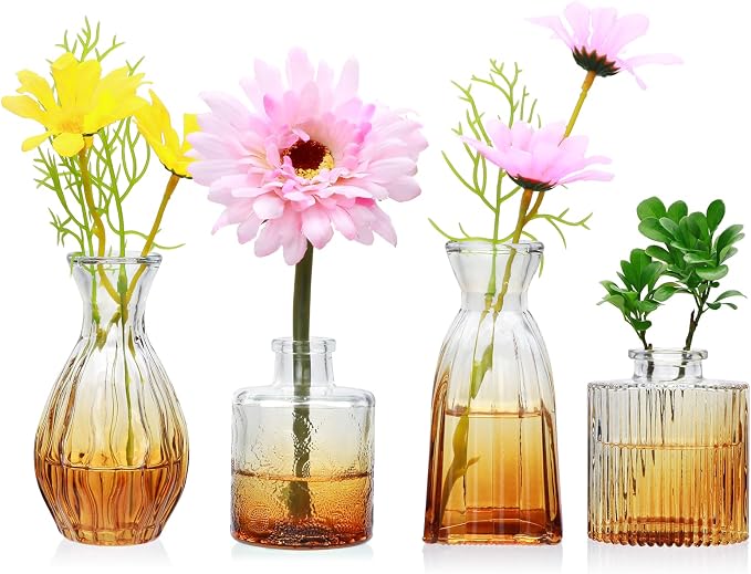 Glass Bud Vases Set of 4, Small Brown Flower Vases for Wedding Centerpieces | Clear Vintage Embossed Mini Vases for Table Decorations, Flower Arrangements in Vases for Party or Home Decor