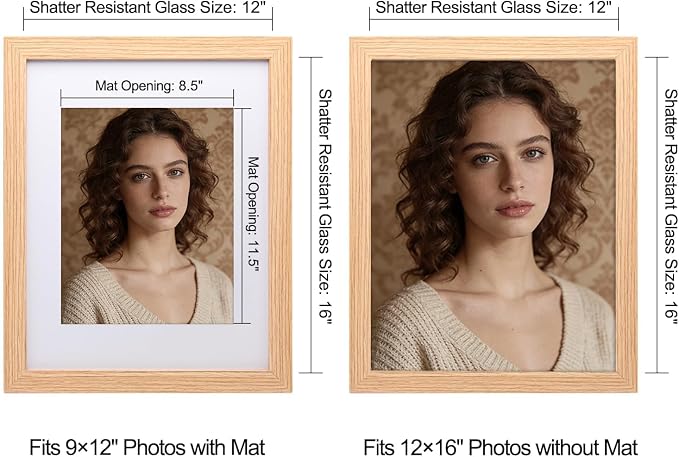 12x16 Picture Frame-Natural Oak,9x12 Mat,Tempered Glass,Engineered Wood