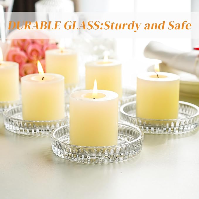 Set of 6 Pillar Candle Holders, 3.5 Inch Glass Candle Plates