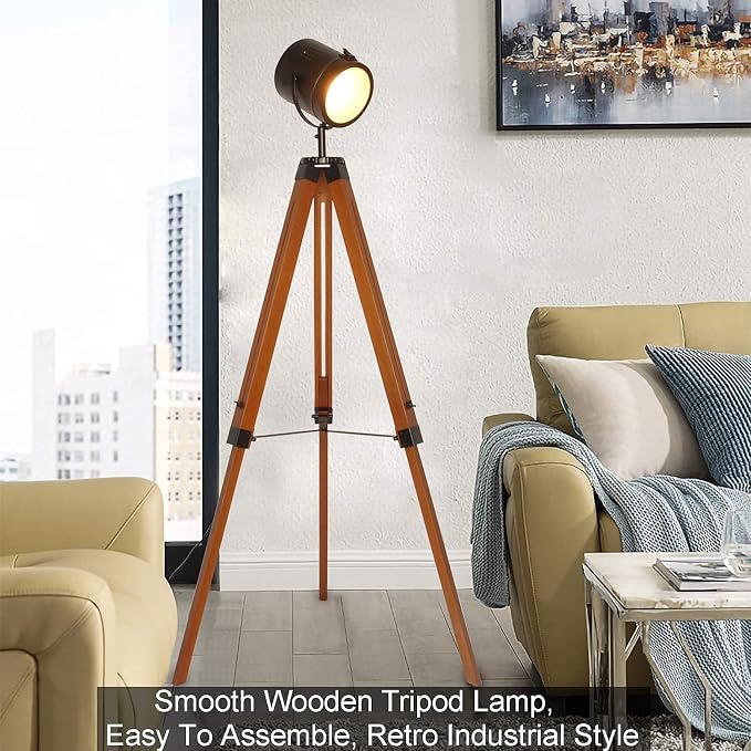 Adjustable Vintage Wood Tripod Floor Lamp for Living Room, Spotlight Black
