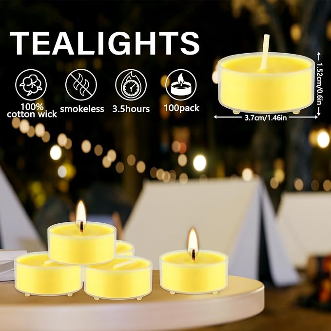 3.5-Hour 100Pack Yellow Tealight Candles, Outdoor and Indoor Summer Scented Candle,Natural Soy Wax Candle for Home Patio Garden Yard Balcony,BBQ Birthday Emergency