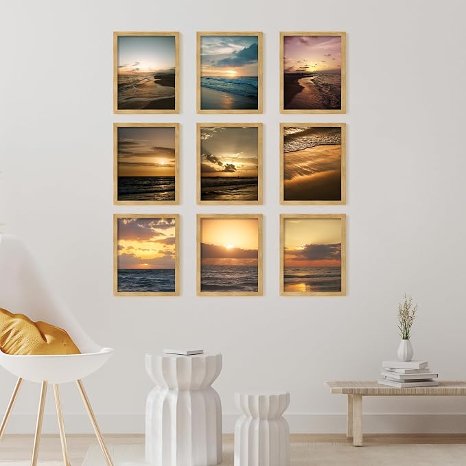 YESKAY 11x14 Picture Frame Set of 9, Photo Gallery Wall Frame Set, Display Pictures 8x10 with Mat or 11 x 14 Without Mat, Multi Photo Frames for Wall Mounting or Table Top Display, Natural Oak