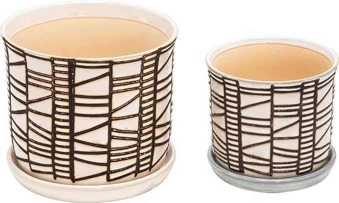 Set of 2 Geometric Decorative Ceramic Planter Pots with Saucer – Stoneware Outdoor & Indoor Plant Pots with Drainage – Modern Garden & Home Decor Ceramic Planters – 6" & 8", Ivory