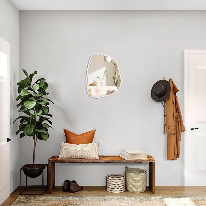 White Irregular Bathroom Mirror Modern Oval Wall Mirror Asymmetrical Wooden Framed Wall Mirror Unique Shape Wall Mounted Vanity Artistic Mirror Decor for Living Room Bedroom Entryway Small 14"x10"