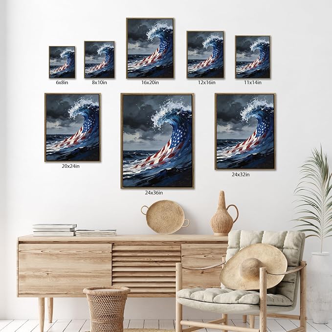 American Flag Framed Canvas Wall Art, 4th of July Patriotic Canvas Prints | USA Flag Ocean Waves Abstract Poster Print, Independence Day Wall Decor for Bedroom Living Room Office 24×36in