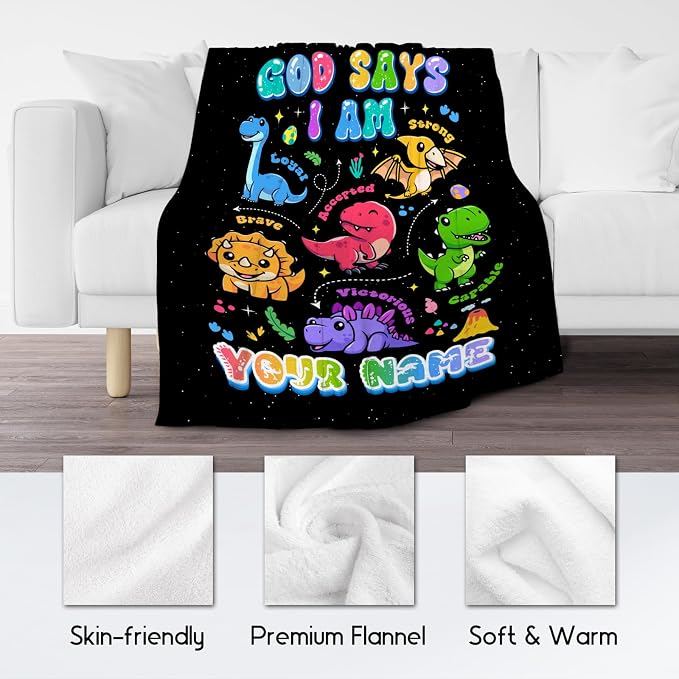 Personalized Dinosaur Blanket with Name, Dinosaur Gifts for Boys Toddler Child, God Says I Am Blanket for Kids, Inspirational Gifts for Son, Soft Kids Throw Blankets for Sofa Bed, 50"x60"