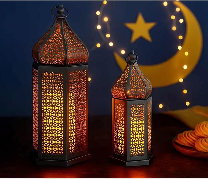 Vela Lanterns Decorative Indoor Black Moroccan Temple Lanterns, Set of 2