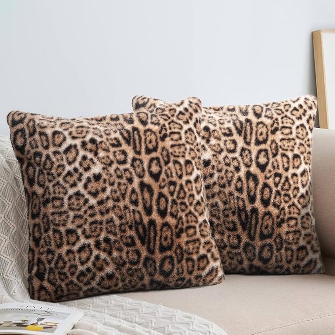cygnus Faux Fur Leopard Pillow Covers 18x18 Inch | Soft Plush Animal Print Throw Pillow Covers, Cheetah Decorative Pillowcase for Couch Sofa Bedroom Livingroom