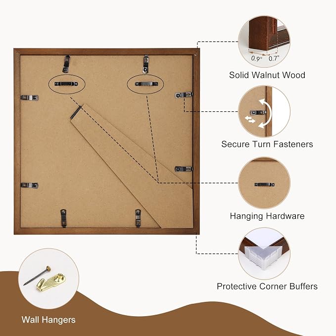 12x12 Picture Frame, Natural Walnut Photo Frame Set with Real HD Glass