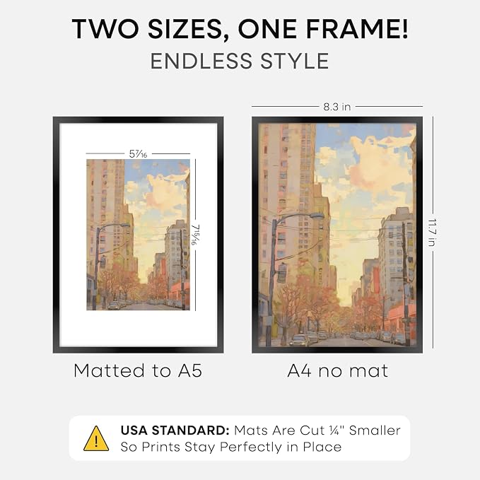 Homeforia A4 Black Picture Frame, High-End Metal, A5 Mat, Glass