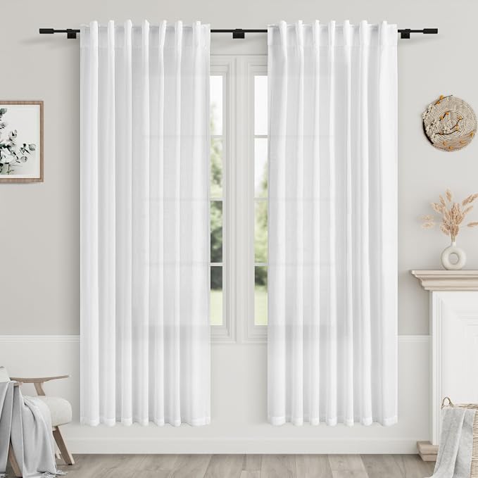 White Linen Curtains Semi Sheer Back Tab Rod Pocket Textured 2 Panels