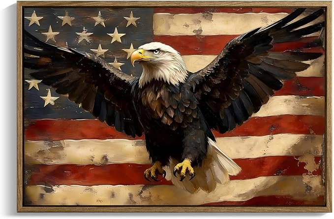 American Flag Framed Canvas Wall Art, 4th of July Patriotic Canvas Prints | USA Flag with Bald Eagle Poster Print, Vintage Independence Day Wall Decor for Bedroom Living Room 12×16in