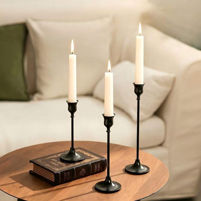NUPTIO Black Candle Holder for Halloween: Aluminum Taper Candleholders | Set of 3 Solid Candlestick Holders - Decorative Tapered Candle Stick Stand for Christmas Housewarming Table Centerpiece