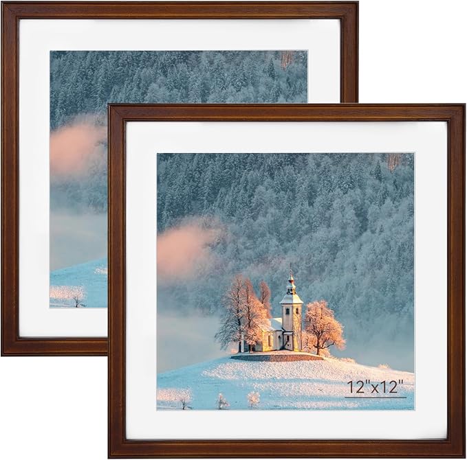 SNAPSHOT 12x12 Picture Frame, Natural Walnut Wood Photo Frame Set with Real HD Glass for Pictures 10x10/8x8 with Mat or 12x12 Without Mat, Gallery Poster Frame for Wall or Tabletop - 2Pcs