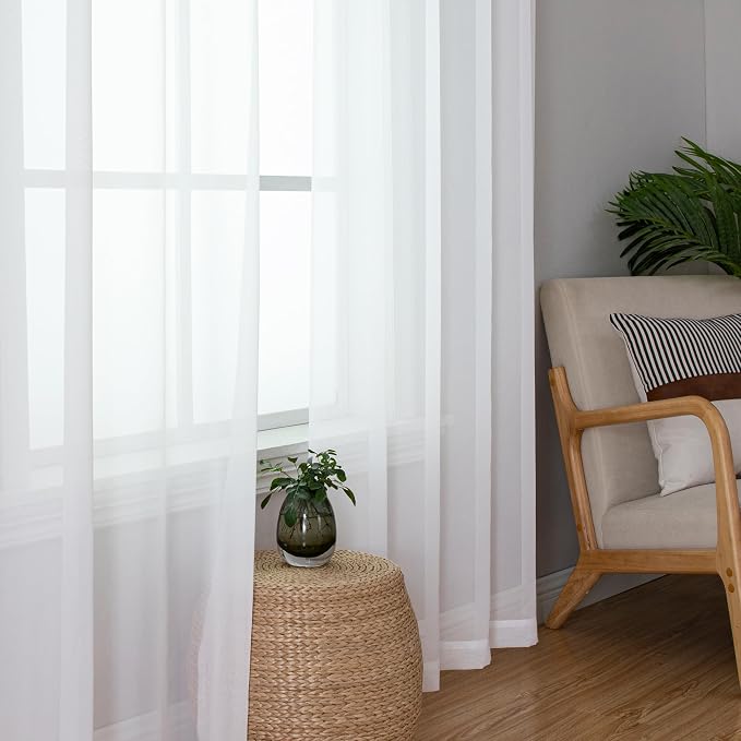 Simplebrand White Sheer Curtains 84 Inches Long, Light Filtering Rod Pocket Solid Color Window Sheer Curtain Panels, Elegant Curtains & Drapes for Living Room, Bedroom 2 Panels (White, 59" W x 84" L)