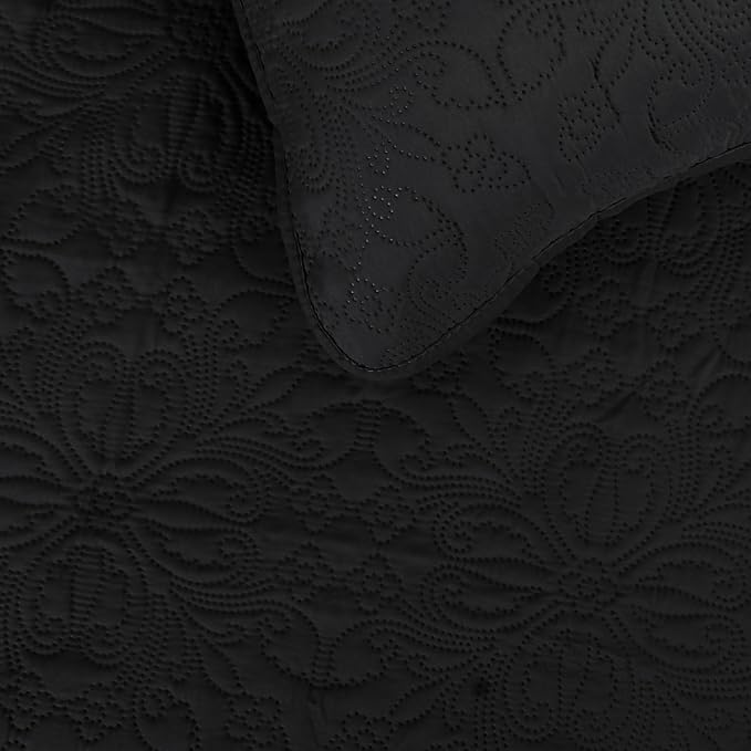 Easy-Going Reversible Quilt Set Full/Queen, Bedspread with 2 Shams | Damask-Black/Beige, Lightweight Microfiber Bed Comforter, 1 Quilt + 2 Pillow Shams, All-Season Coverlets for Bedroom