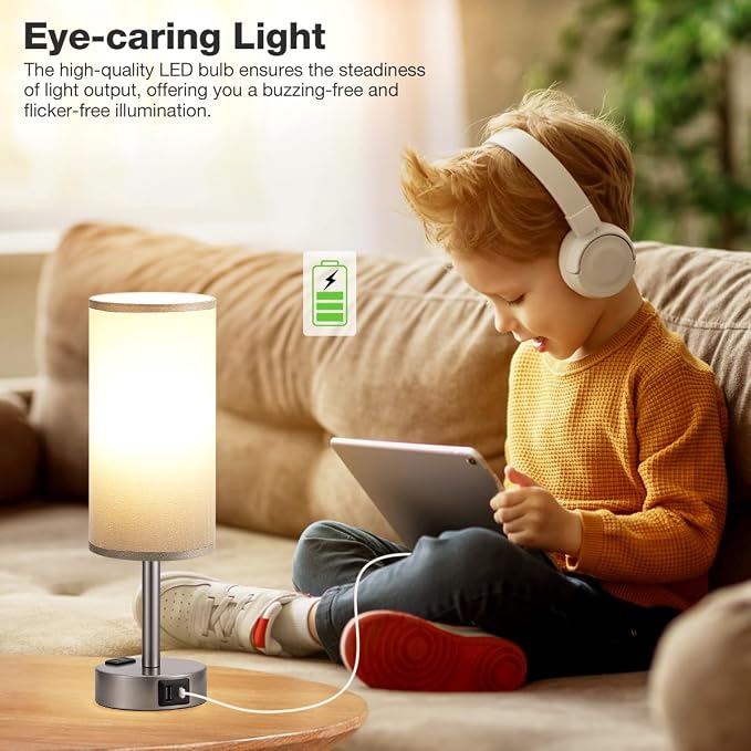 Fenmzee Grey Bedside Lamp for Bedroom, Dimmable Touch, USB A+C, AC Outlet